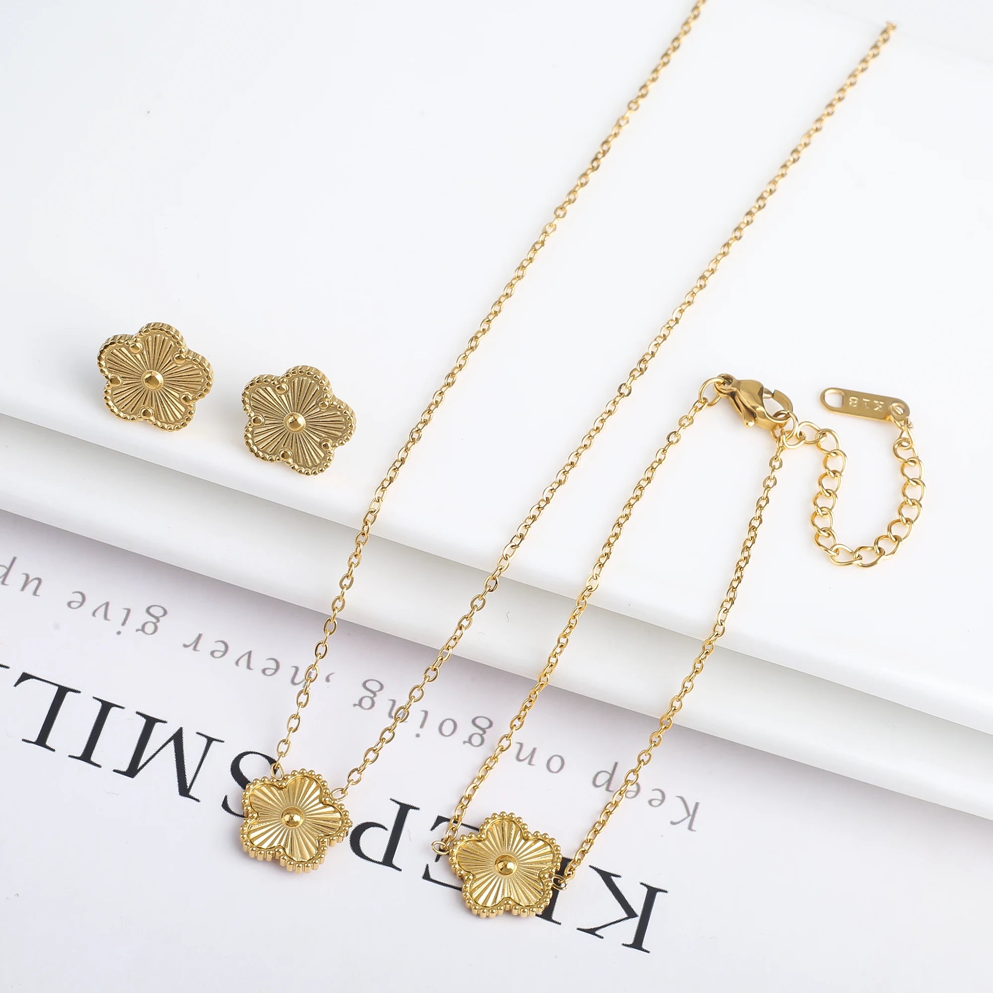 18k Gold-Plated Five-Leaf Flower Necklace Earrings Bracelet