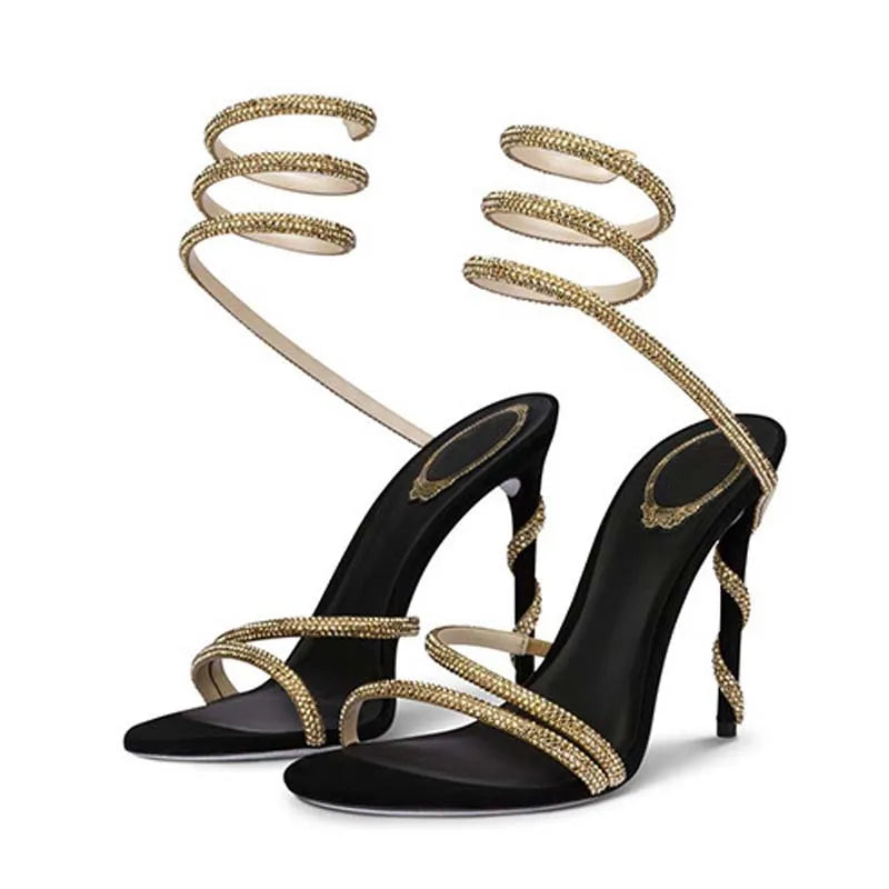 Crystal Diamond Ankle Strap With Open Toe Thin High Heels