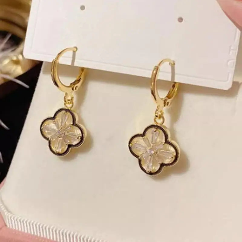 Gold-Plated Copper Zircon Four-Leaf Clover Dangle Earrings
