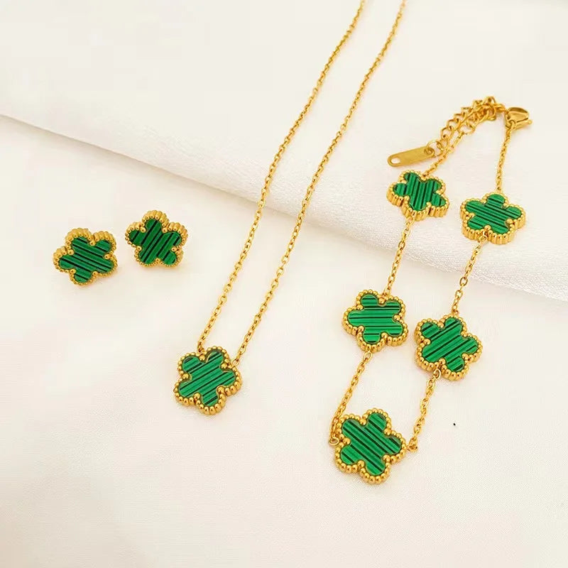3 Pieces Stainless Steel Five Leaf Necklace, Bracelet, Earrings Set