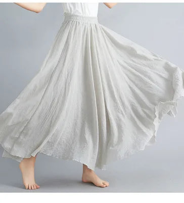 Cotton Linen Dress Elastic Waist A-line Long Skirts