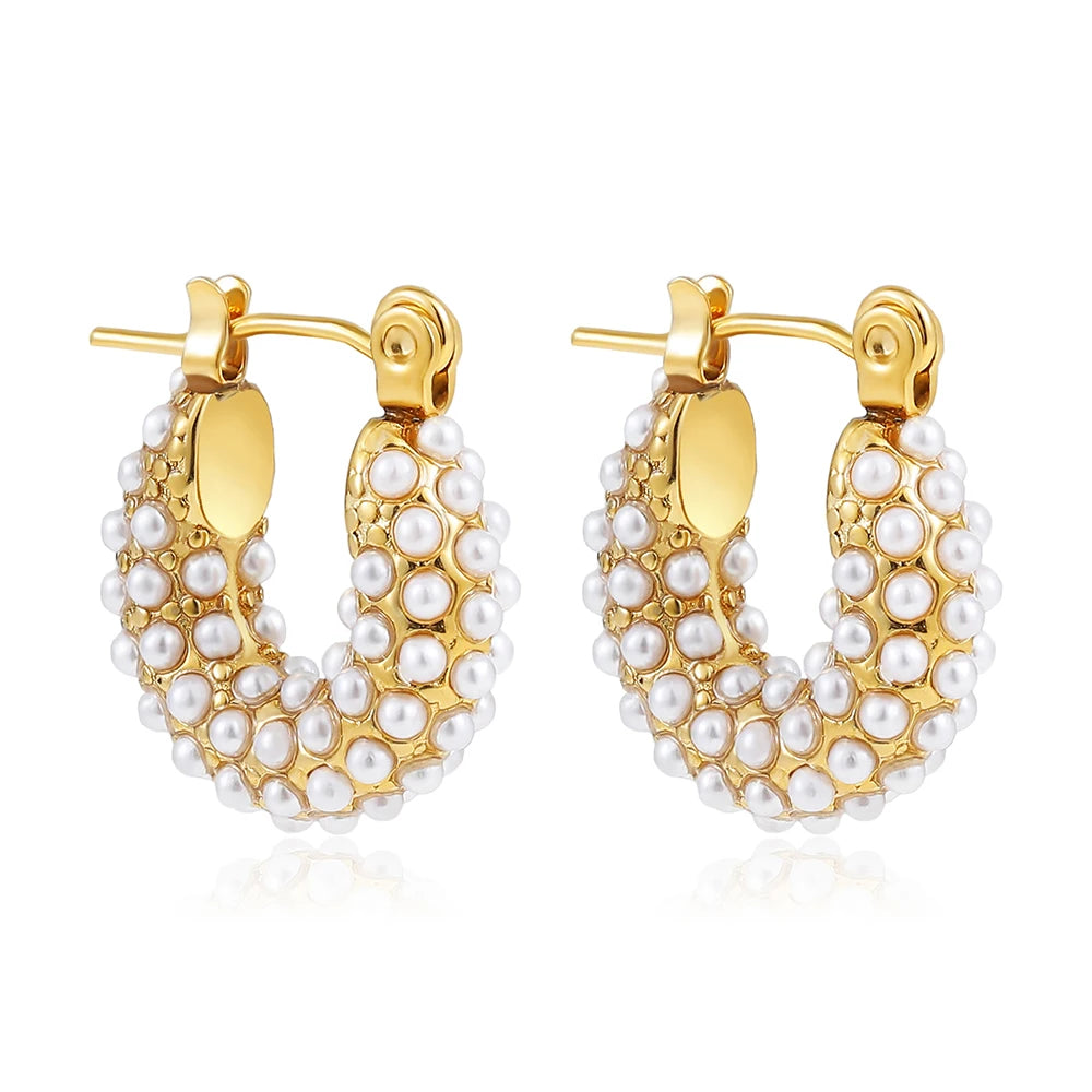 Zircon Round Buckle Hoop Earrings Gold Plated Stainless Steel