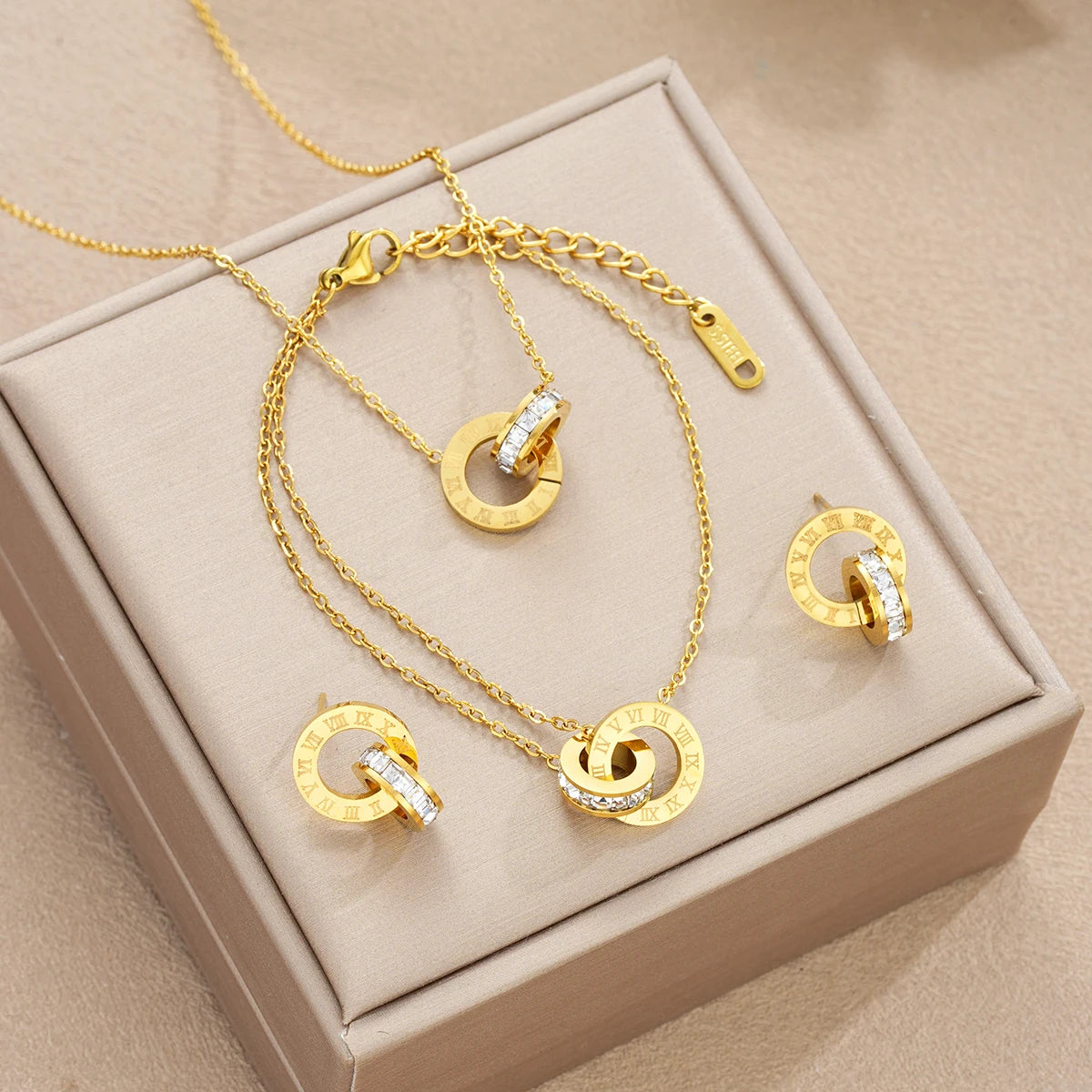 4Pcs/Set Gold Stainless Steel Crystal Necklace Bracelet Earrings