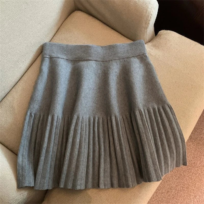 Elastic Waist Knitted Pleated Mini Skirts