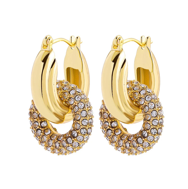 Zircon Round Buckle Hoop Earrings Gold Plated Stainless Steel