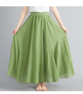 Cotton Linen Dress Elastic Waist A-line Long Skirts