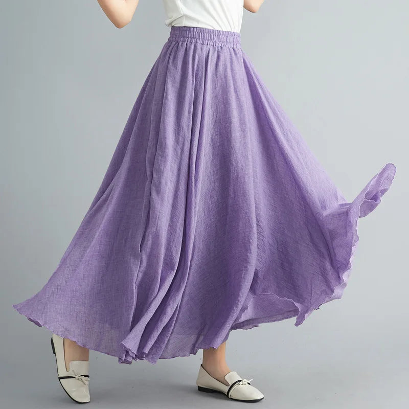 Cotton Linen Dress Elastic Waist A-line Long Skirts