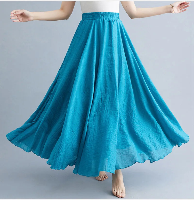 Cotton Linen Dress Elastic Waist A-line Long Skirts