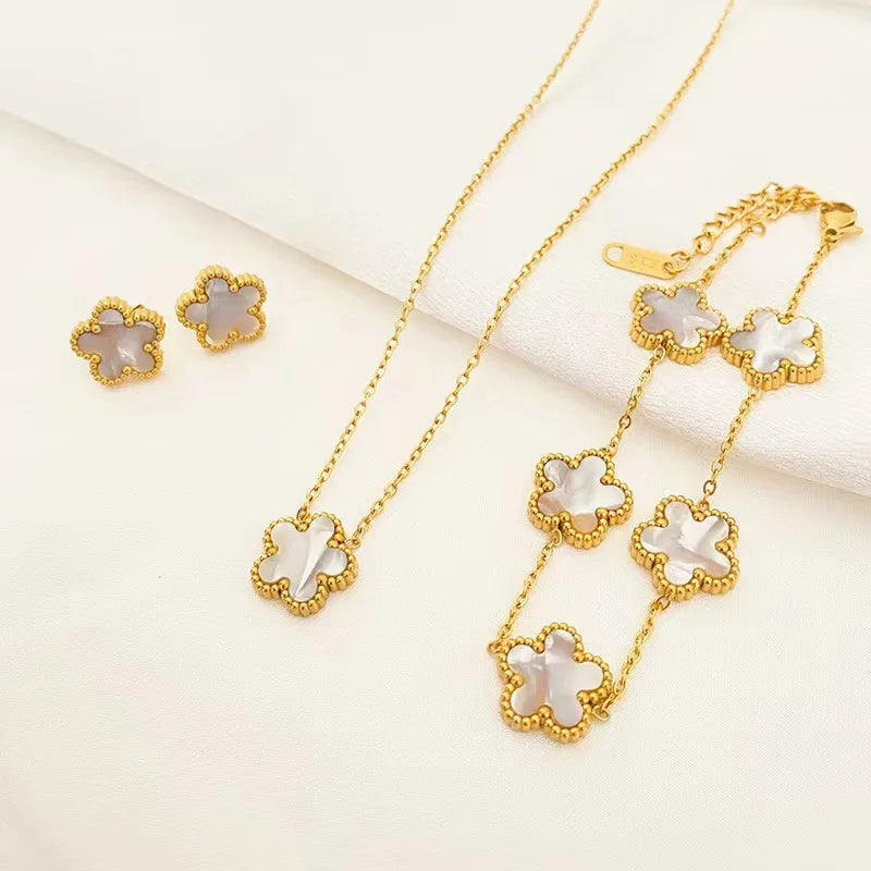 3 Pieces Stainless Steel Five Leaf Necklace, Bracelet, Earrings Set