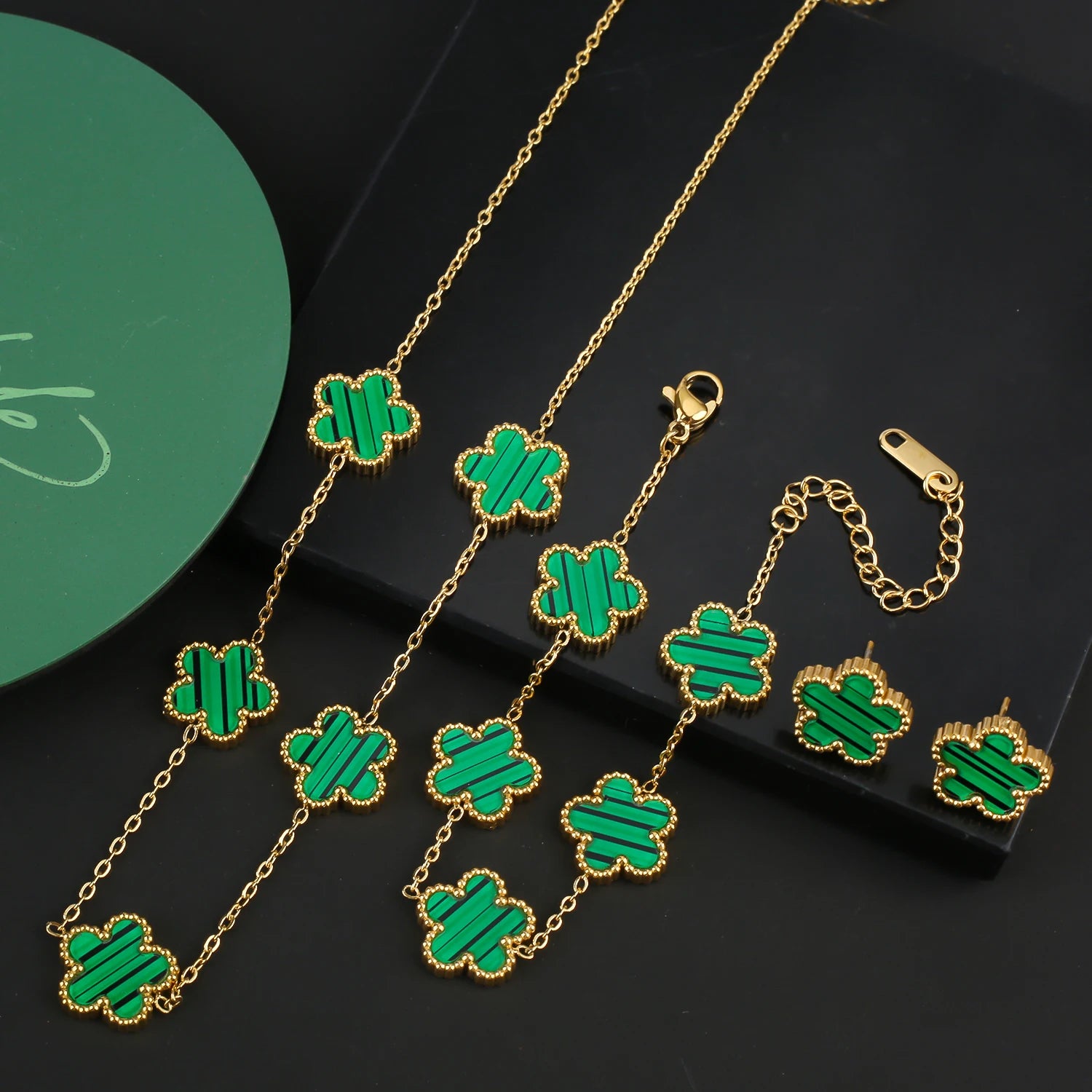 Stainless Steel Five Leaf Flower Clover Bracelet Necklace Earrings