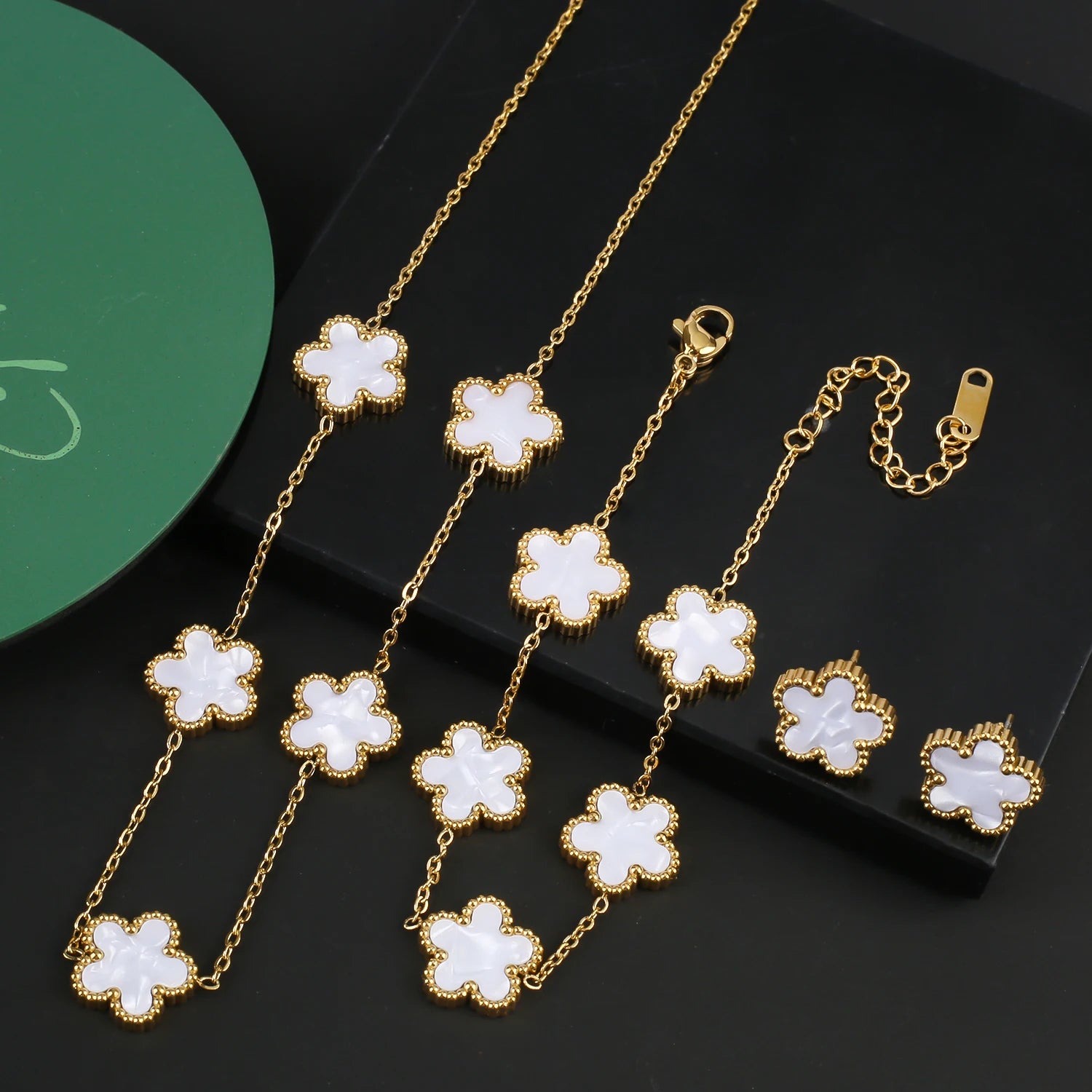 Stainless Steel Five Leaf Flower Clover Bracelet Necklace Earrings