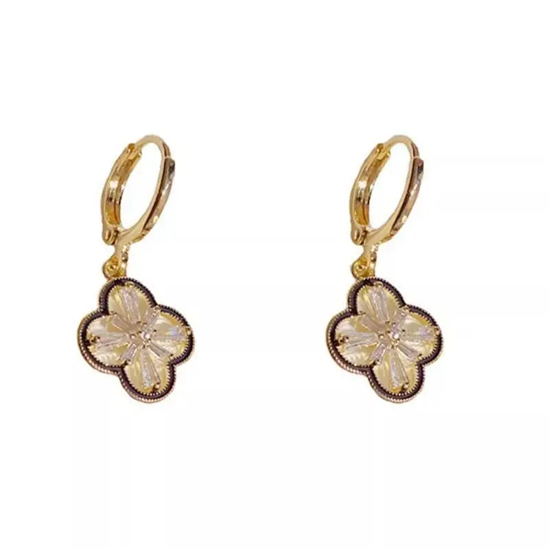 Gold-Plated Copper Zircon Four-Leaf Clover Dangle Earrings