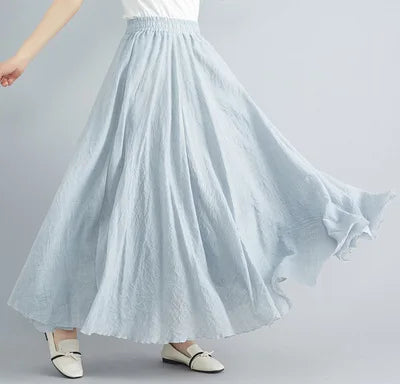 Cotton Linen Dress Elastic Waist A-line Long Skirts