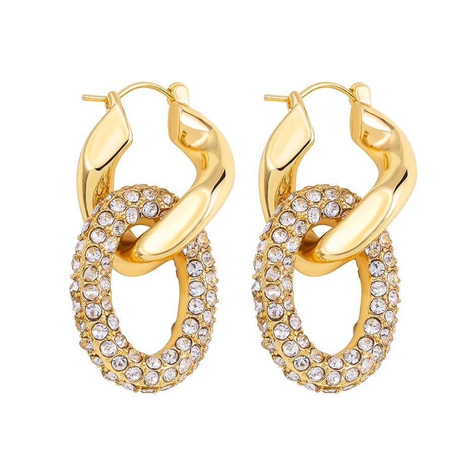 Zircon Round Buckle Hoop Earrings Gold Plated Stainless Steel