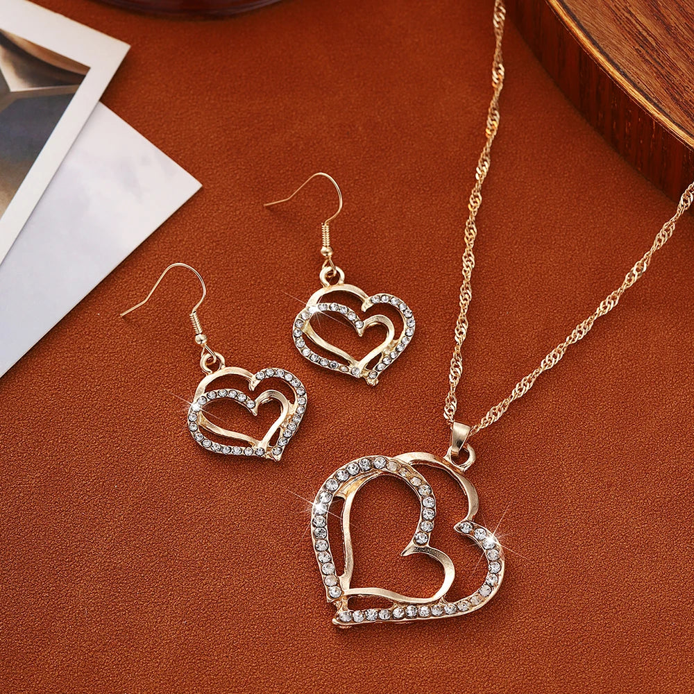 3 PCS Hollow Double Heart Rhinestone Pendant Necklace And Earring Jewelry Set