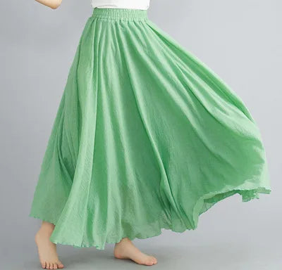 Cotton Linen Dress Elastic Waist A-line Long Skirts