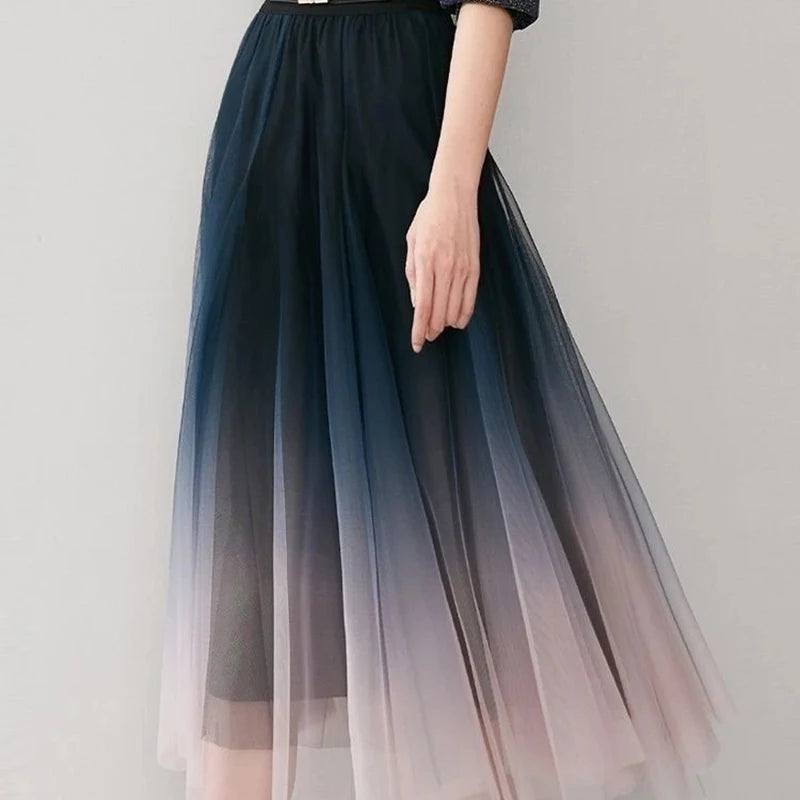 High Waist Gradient Mesh Pleated Midi Skirts