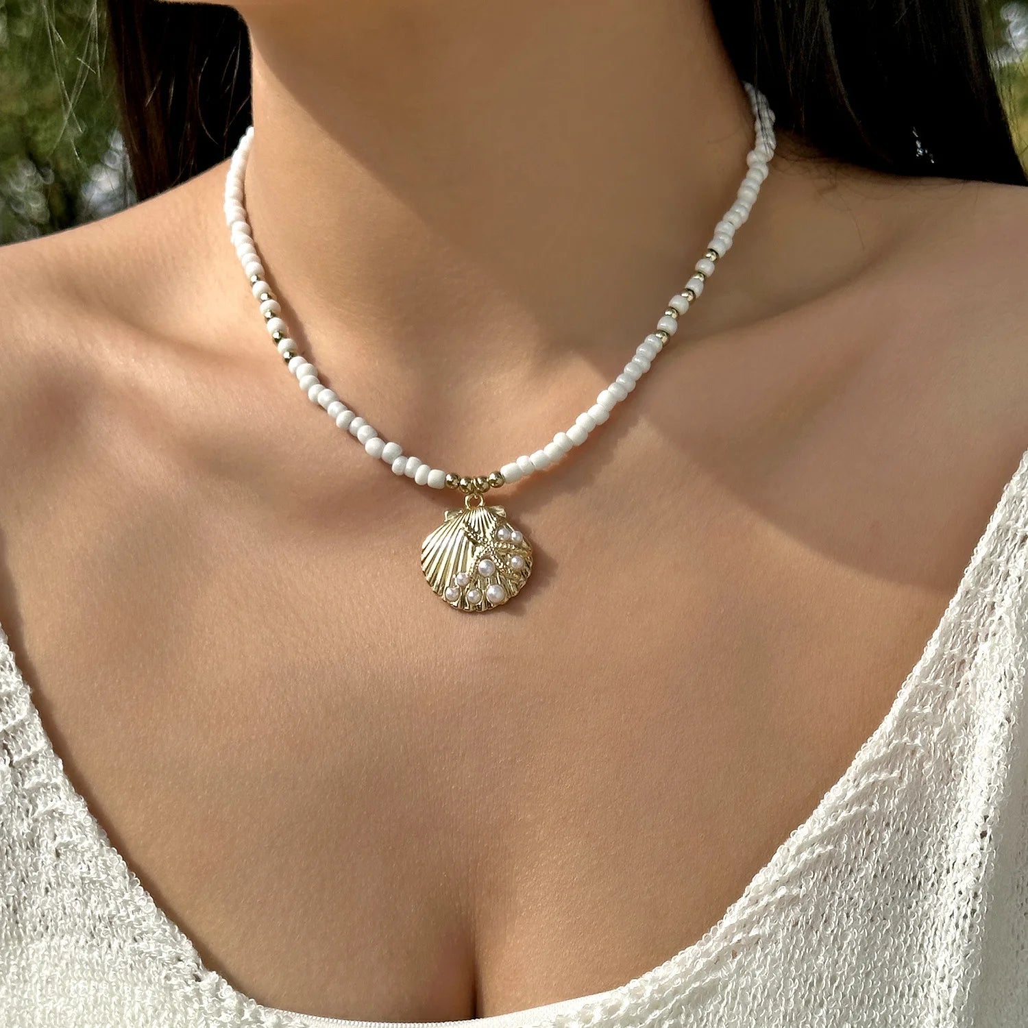 Rice Beads Starfish Pendant Necklace