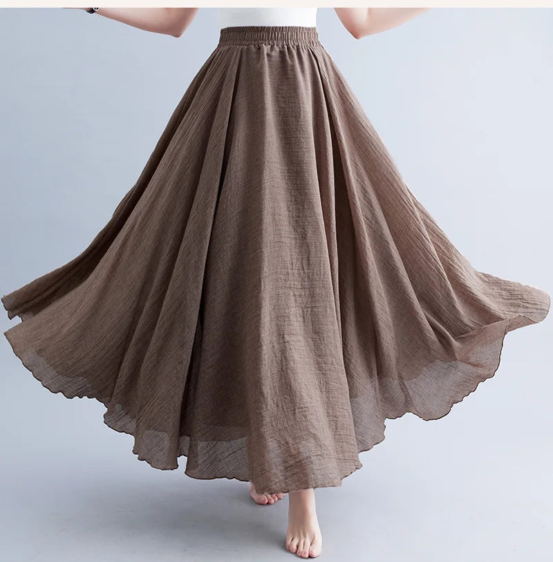 Cotton Linen Dress Elastic Waist A-line Long Skirts