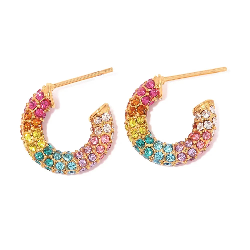 Zircon Round Buckle Hoop Earrings Gold Plated Stainless Steel