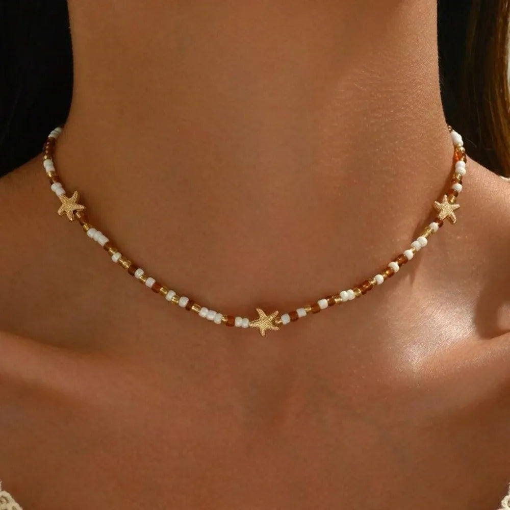 Rice Beads Starfish Pendant Necklace