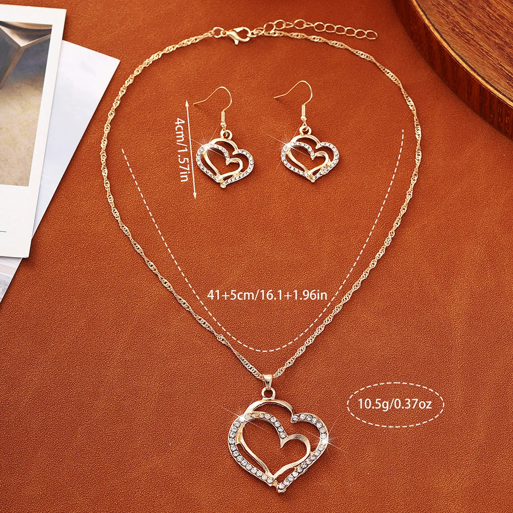 3 PCS Hollow Double Heart Rhinestone Pendant Necklace And Earring Jewelry Set
