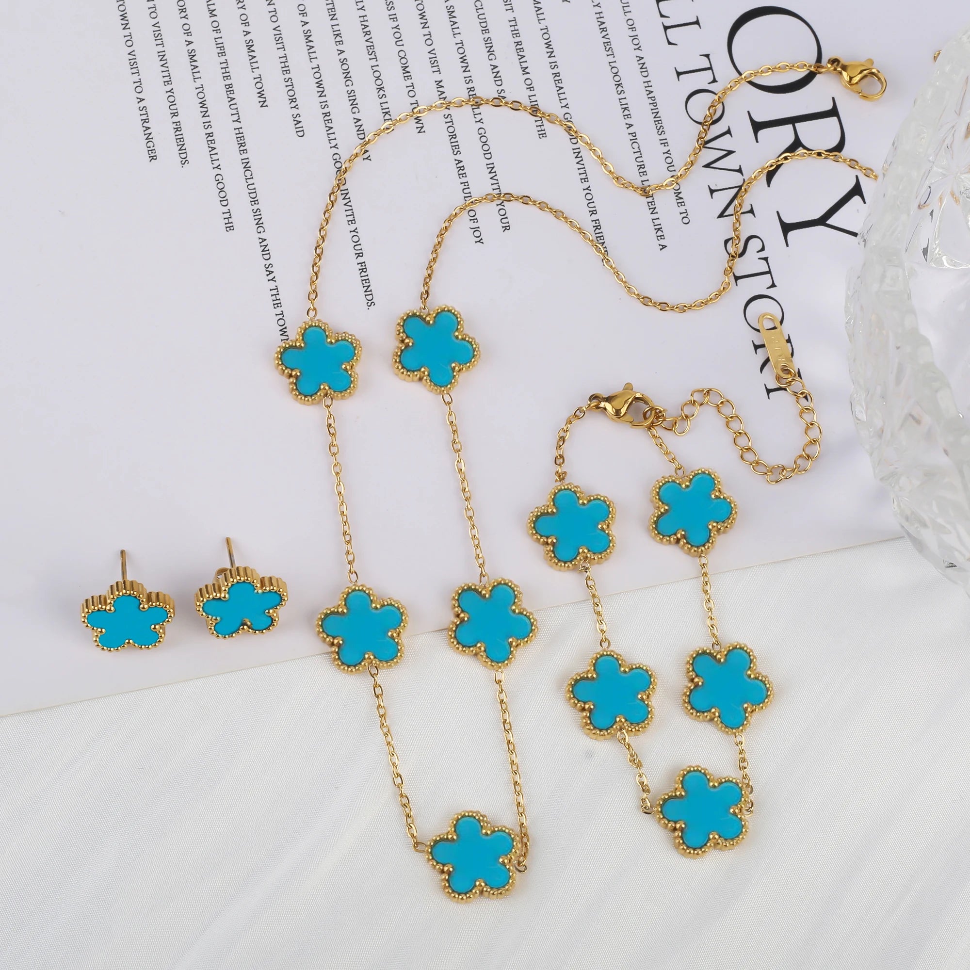 18k Gold-Plated Five-Leaf Flower Necklace Earrings Bracelet
