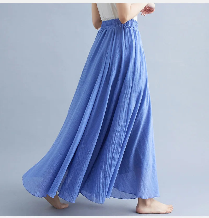Cotton Linen Dress Elastic Waist A-line Long Skirts