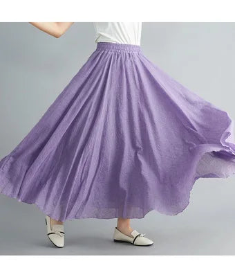 Cotton Linen Dress Elastic Waist A-line Long Skirts