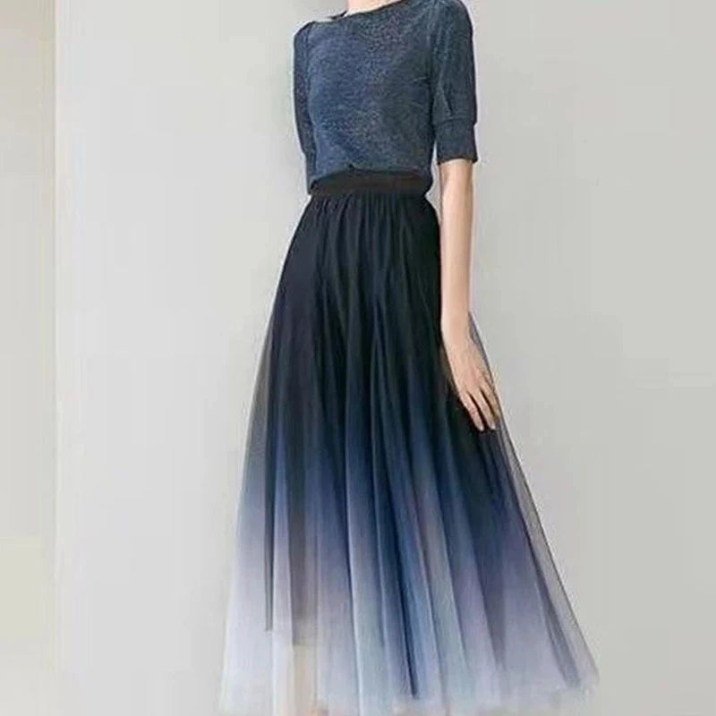 High Waist Gradient Mesh Pleated Midi Skirts