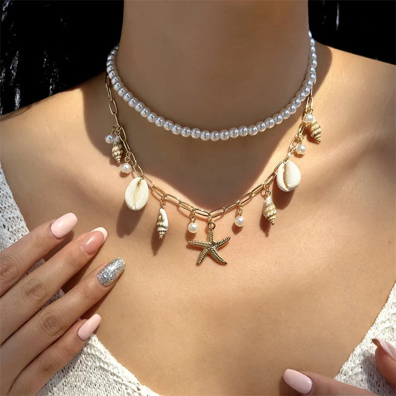 Rice Beads Starfish Pendant Necklace