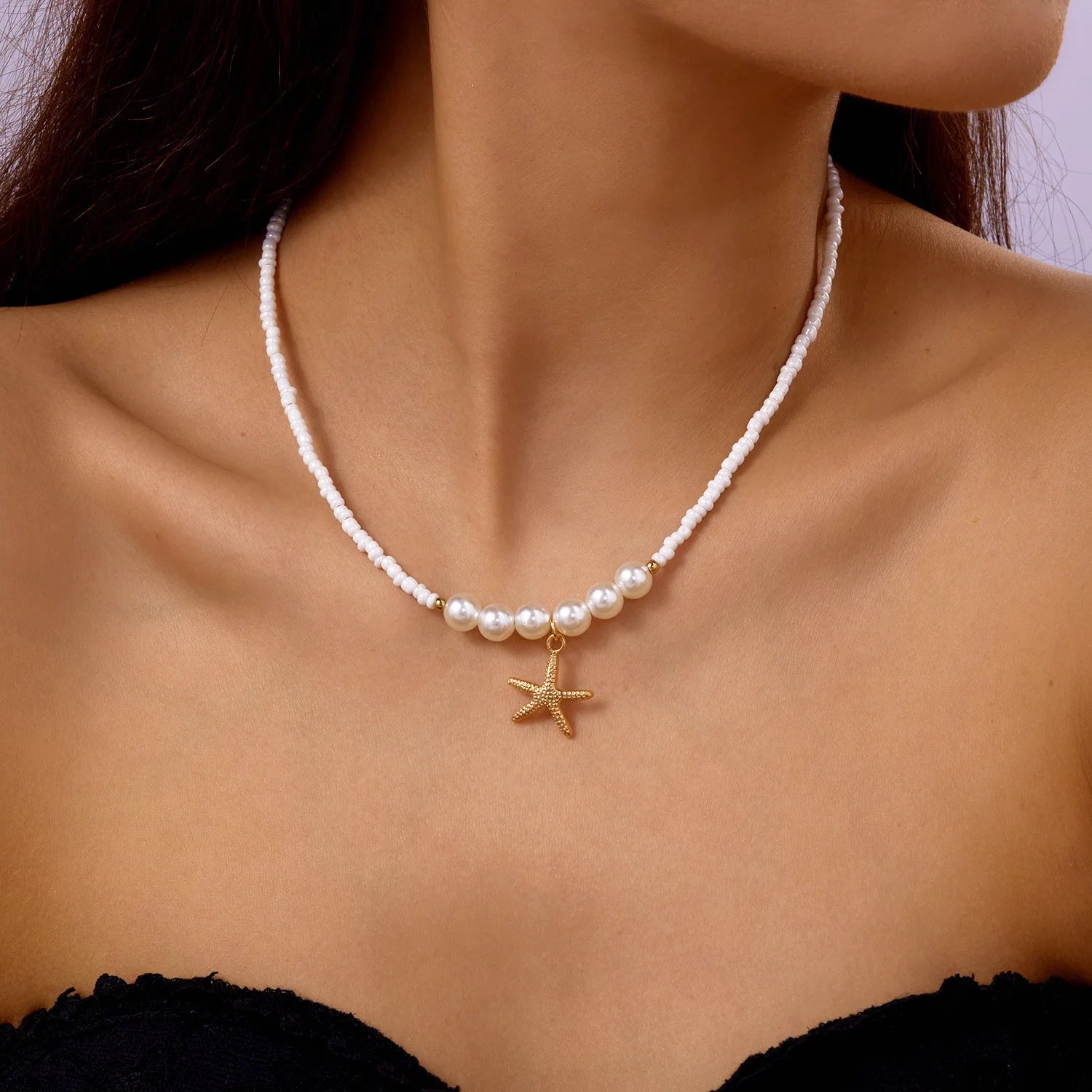 Rice Beads Starfish Pendant Necklace