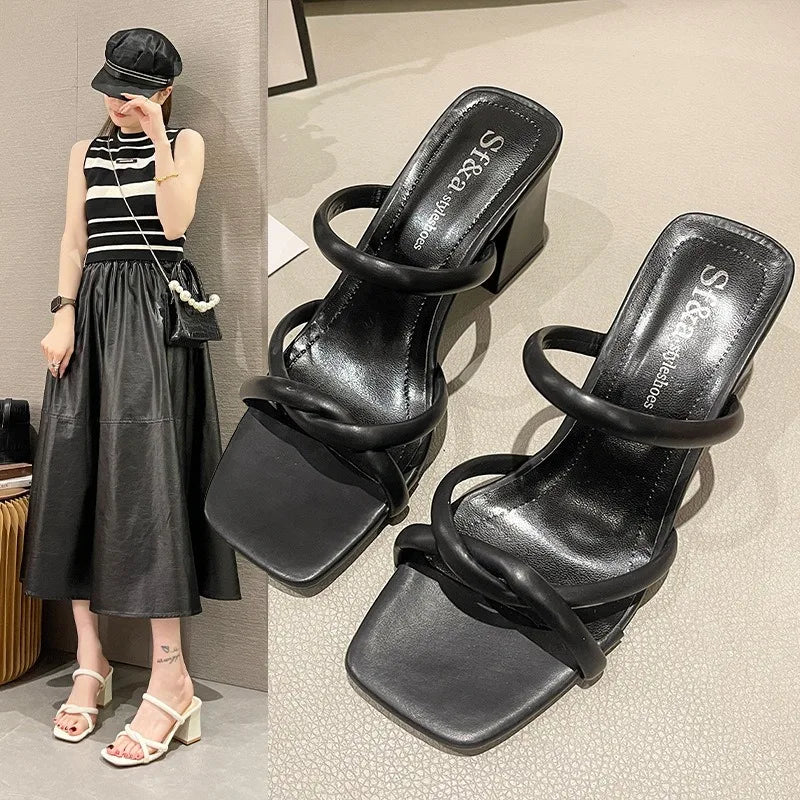 Bare Toed Square Head Mid-heels