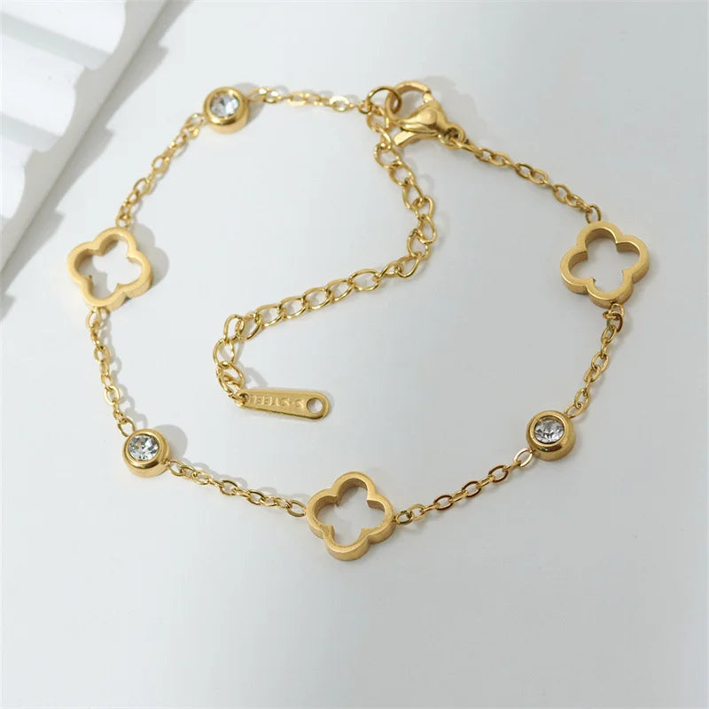 2 Pieces Stainless Steel Clover Crystal Bracelet Set
