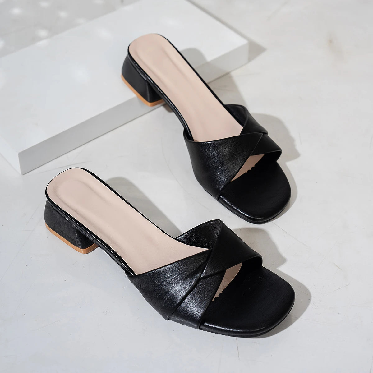 Open Toe Leather Surface Square Heels