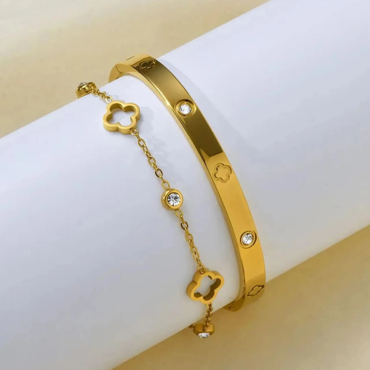 2 Pieces Stainless Steel Clover Crystal Bracelet Set
