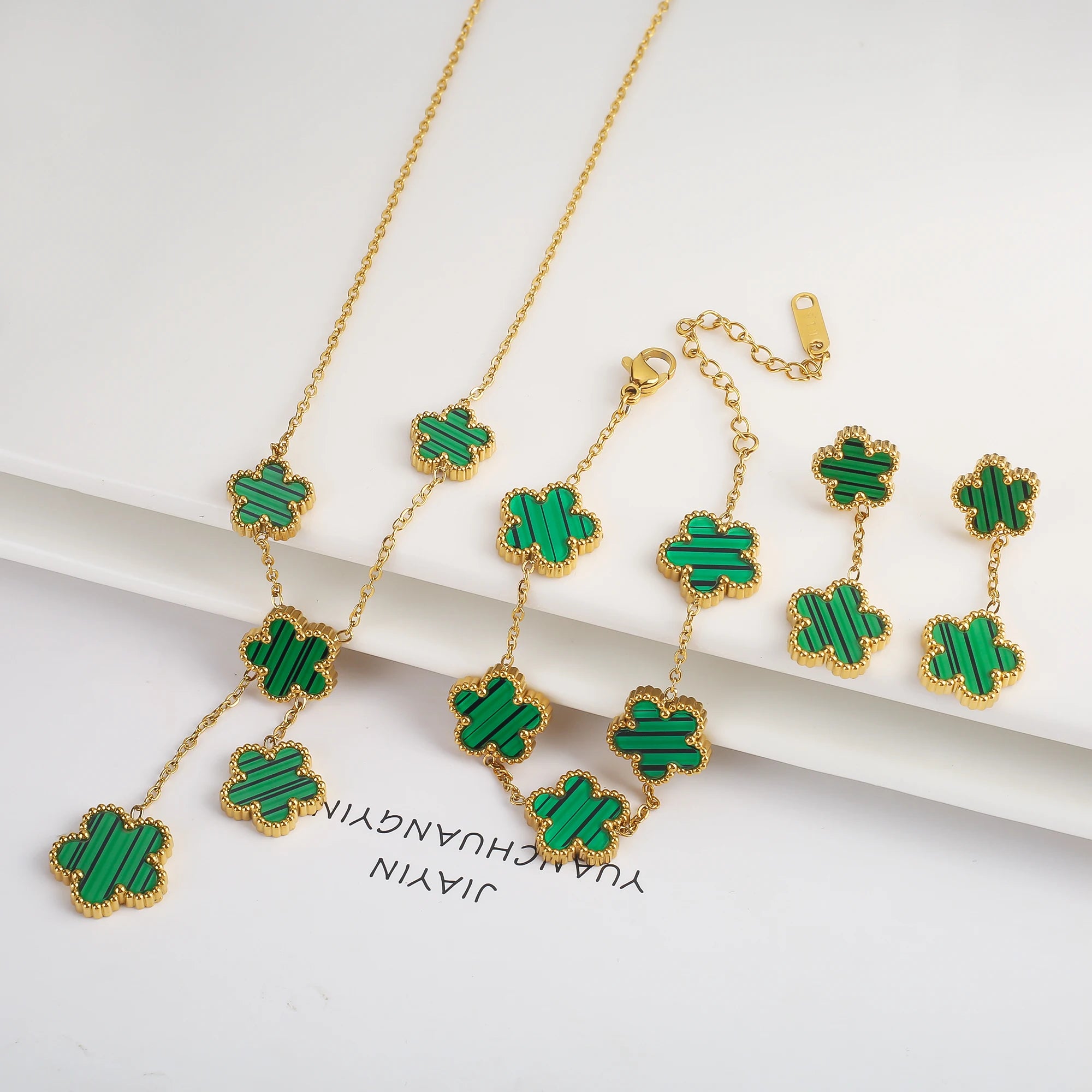 18k Gold-Plated Five-Leaf Flower Necklace Earrings Bracelet
