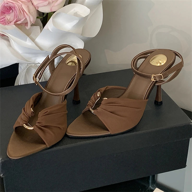 Pleated Metal Buckle Strap Sandals