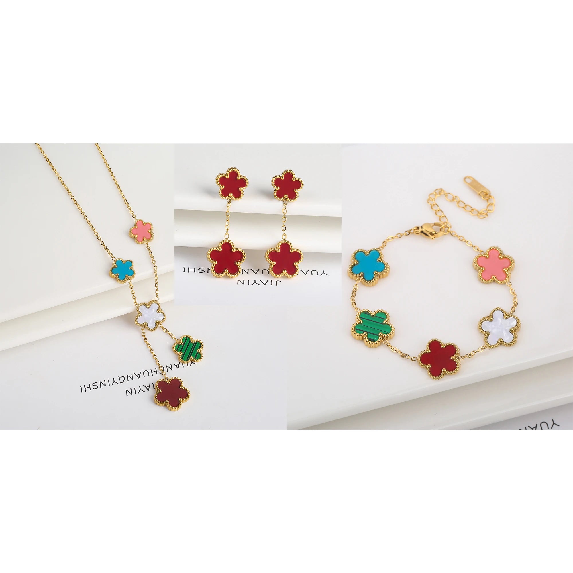 18k Gold-Plated Five-Leaf Flower Necklace Earrings Bracelet