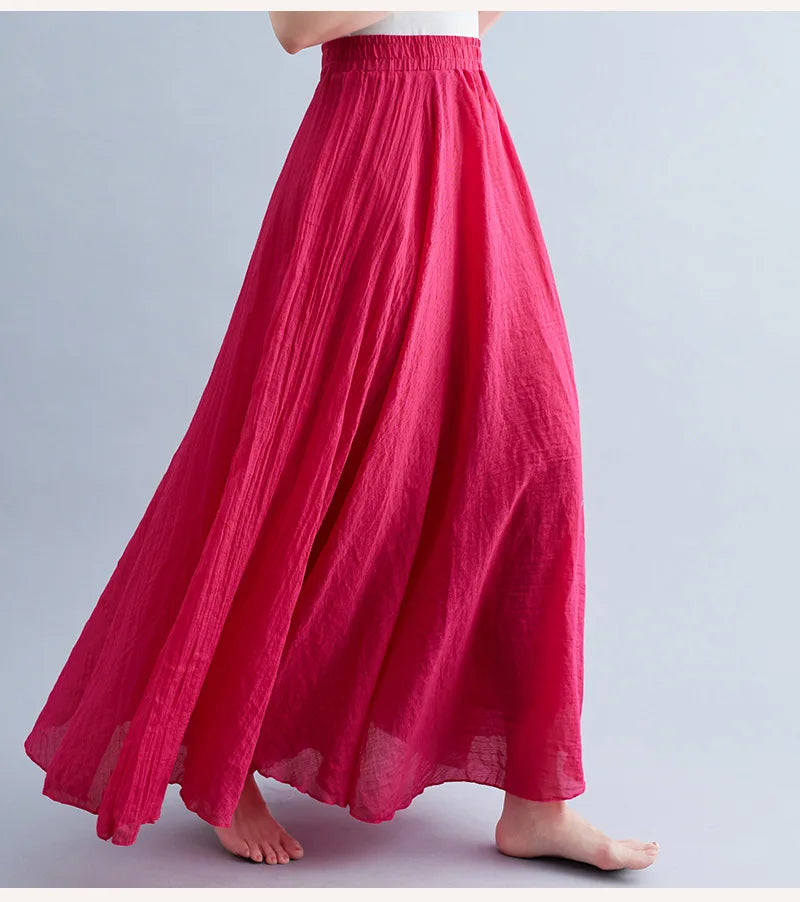 Cotton Linen Dress Elastic Waist A-line Long Skirts