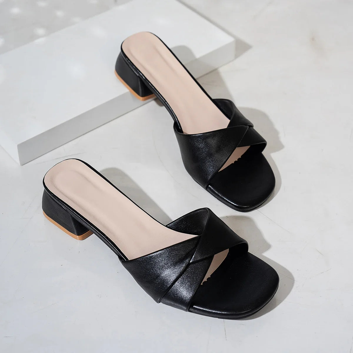 Open Toe Leather Surface Square Heels