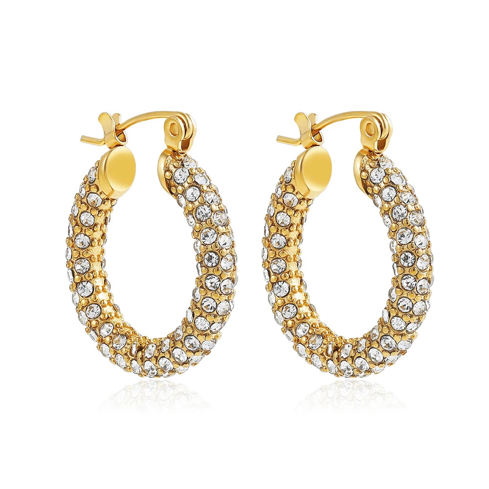 Zircon Round Buckle Hoop Earrings Gold Plated Stainless Steel
