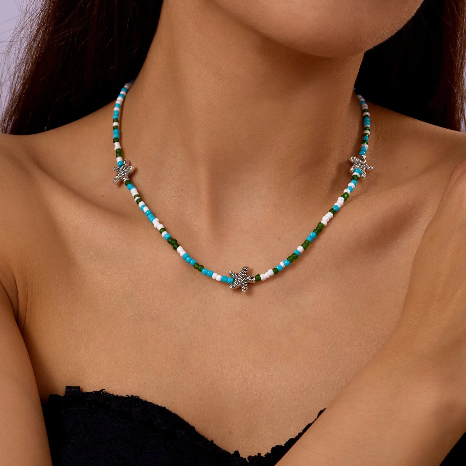 Rice Beads Starfish Pendant Necklace