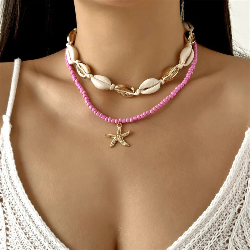 Rice Beads Starfish Pendant Necklace