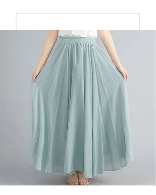 Cotton Linen Dress Elastic Waist A-line Long Skirts