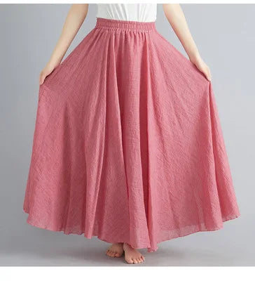 Cotton Linen Dress Elastic Waist A-line Long Skirts