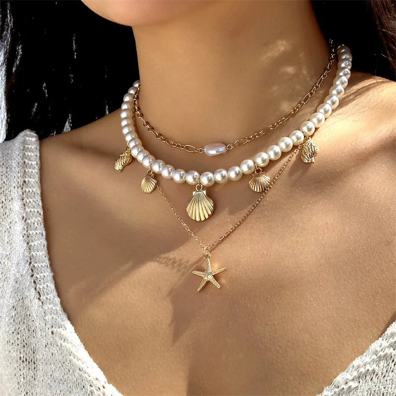 Rice Beads Starfish Pendant Necklace