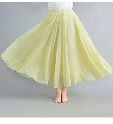 Cotton Linen Dress Elastic Waist A-line Long Skirts