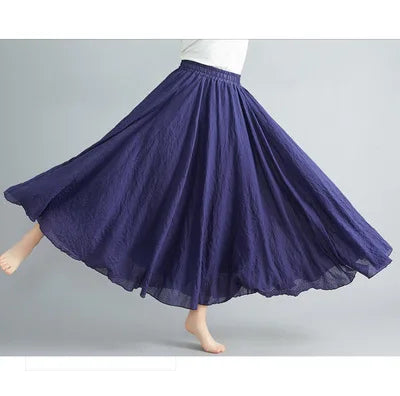 Cotton Linen Dress Elastic Waist A-line Long Skirts