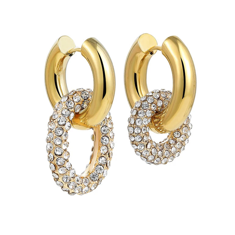 Zircon Round Buckle Hoop Earrings Gold Plated Stainless Steel